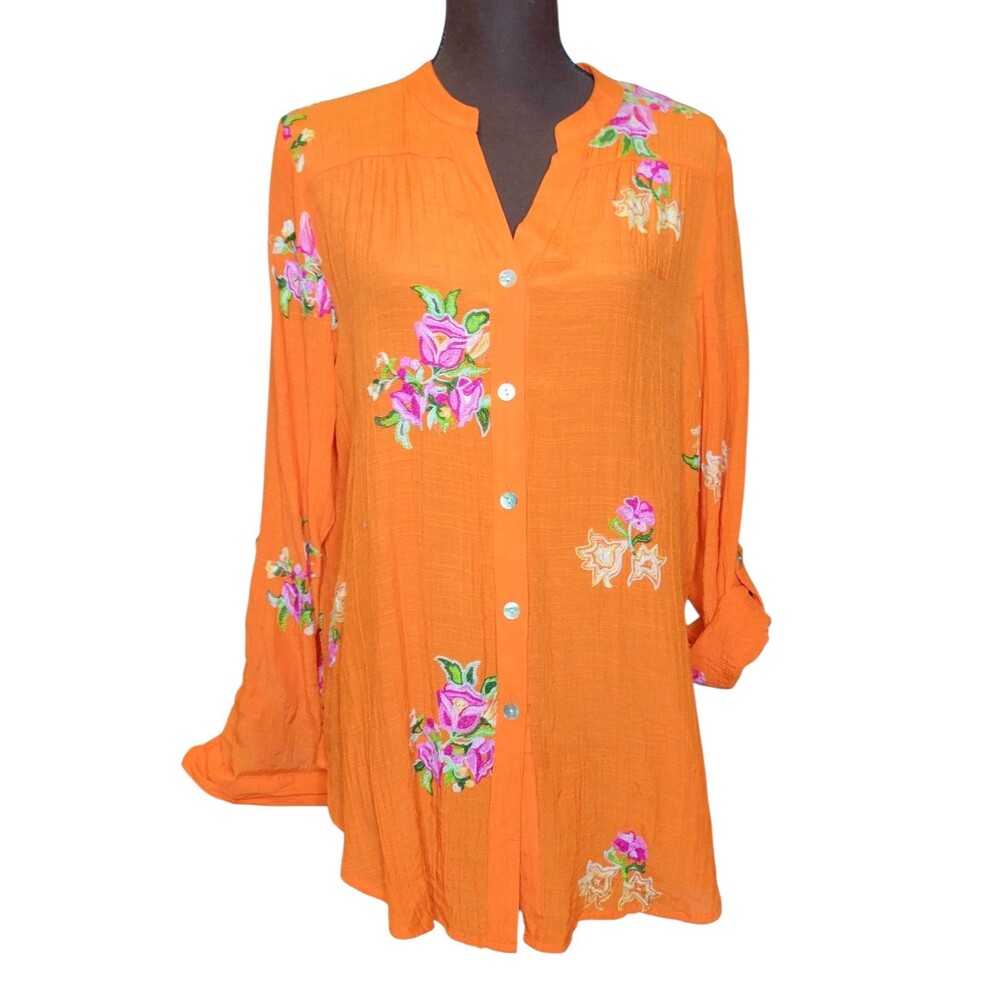 Fig and Flower Women Orange Shirt Button Up Size L Embroidered Multicolor Flower
